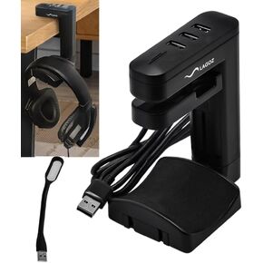 LAGOZ Headphone Holder, Headphone Hook, Headphone Stand for Desk, Headset Holder for Desk, Headset Hanger Mount Adjustable with 3 USB Charger Station, with 360 Degree Rotation, LED lamp