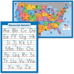 2 Pack - USA Map for Kids [Illustrated] + Manuscript ABC Alphabet Poster (LAMINATED, 18" x 29")