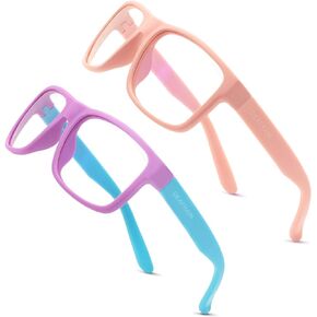 Blue Light Blocking Glasses for Kids 2 pairs, UV400 Protection Computer Gaming Glasses for Girls Boys Age 5-13