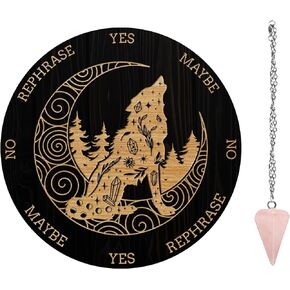 AHANDMAKER Pendulum Board Set, Wooden Dowsing Divination Board Metaphysical Message Board with Crystal Pendulum Necklace for Witchcraft Wiccan Altar Supplies Kit, Crow & Moon Ring