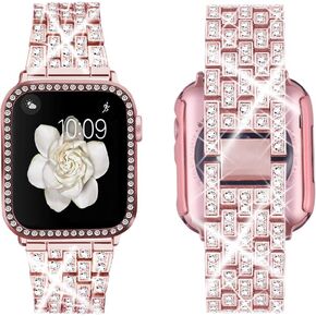 Supoix Compatible with Apple Watch Band 38mm 40mm 41mm 42mm 44mm 45mm 49mm+ Case, Women Jewelry Bling Diamond Rhinestone Replacement Metal Strap& 2 Pack PC Protector Case for iWatch Ultra 2/ Ultra Series 9/8/7/6/5/4/3/2/1/SE