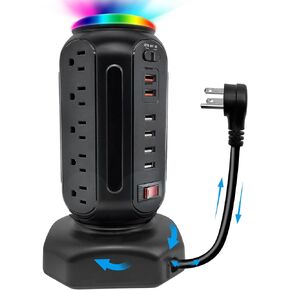 Power Strip Tower with Colorful Nightlight, 15 AC Outlets and 6 Fasting USB Ports, Retractable Extension Cord with Multiple Outlets, 900 J Surge Protector with Right Flat Plug (Black)