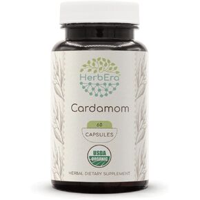 Cardamom 60 Capsules, 500 mg, USDA Organic Cardamom (Elettaria cardamomum) Dried Pod (60 Capsules)