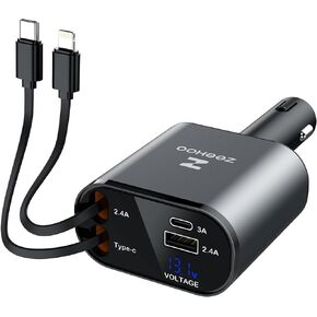ZEEHOO Retractable Car Charger - 4 in 1 Car Charger, Fast Charge, Car Accessories, Car Charger USB C - Compatible with iPhone and Android Devices