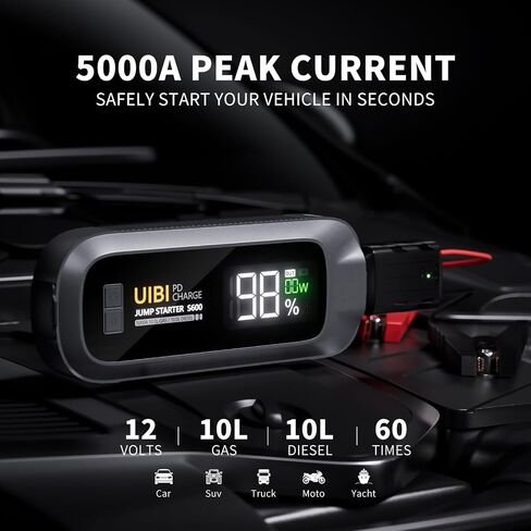 S600 Jump Starter، بطارية السيارة 5000 أمبير، صندوق القفز ببطارية ليثيوم 12 فولت (جميع الغاز/10.0 لتر ديزل) كابلات قافزة مع حزمة بطارية، بنك طاقة مع شحن سريع 65 وات، شاشة LCD، ضوء LED in Saudi Arabia