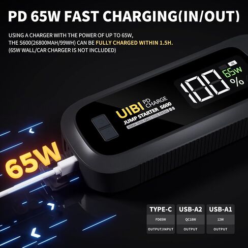 S600 Jump Starter، بطارية السيارة 5000 أمبير، صندوق القفز ببطارية ليثيوم 12 فولت (جميع الغاز/10.0 لتر ديزل) كابلات قافزة مع حزمة بطارية، بنك طاقة مع شحن سريع 65 وات، شاشة LCD، ضوء LED in Saudi Arabia