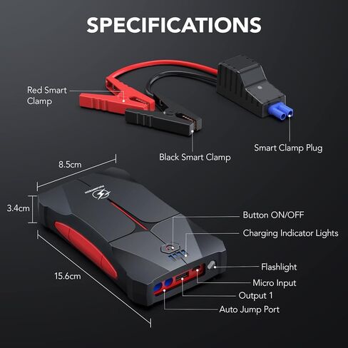 FLYLINKTECH بطارية Jump Starter 1500A Peak 12V حزمة معززة لبطارية السيارة التلقائية (6.0 لتر غاز أو 5.0 لتر ديزل)، بنك طاقة محمول مع كابل توصيل آمن، مصباح يدوي LED، ولاعة سجائر السيارة EC5 in Saudi Arabia