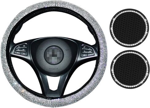 غطاء عجلة القيادة باللون الأرجواني للنساء والفتيات، أغطية عجلة القيادة من حجر الراين اللامع مقاس 15 بوصة قابلة للتمدد، ملحقات سيارة لطيفة مع عبوتين من قواعد السيارة لحاملي الأكواب in Kuwait