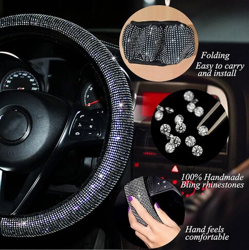 غطاء عجلة القيادة باللون الأرجواني للنساء والفتيات، أغطية عجلة القيادة من حجر الراين اللامع مقاس 15 بوصة قابلة للتمدد، ملحقات سيارة لطيفة مع عبوتين من قواعد السيارة لحاملي الأكواب in Kuwait