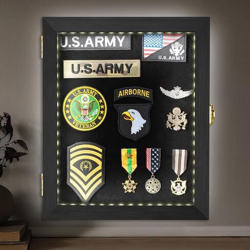 حافظة عرض دبوس LED مقاس 11x14 بوصة، حامل إطار خشبي لمجموعة الميداليات العسكرية مع زجاج أكريليك للحماية من الأشعة فوق البنفسجية بنسبة 98%، دبابيس تثبيت على الحائط، علامات الشاطئ، صندوق ظلال شرائط الشارة لديكور المنزل in Kuwait