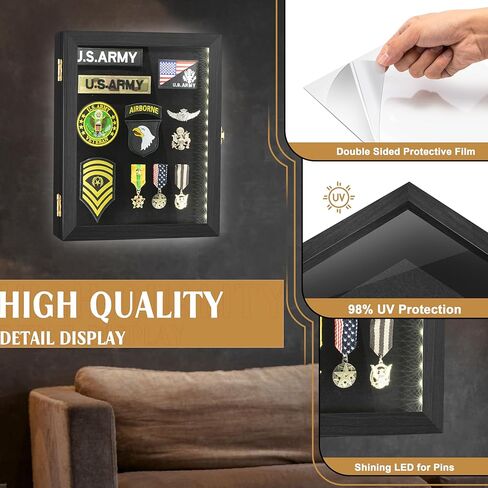 حافظة عرض دبوس LED مقاس 11x14 بوصة، حامل إطار خشبي لمجموعة الميداليات العسكرية مع زجاج أكريليك للحماية من الأشعة فوق البنفسجية بنسبة 98%، دبابيس تثبيت على الحائط، علامات الشاطئ، صندوق ظلال شرائط الشارة لديكور المنزل in Kuwait