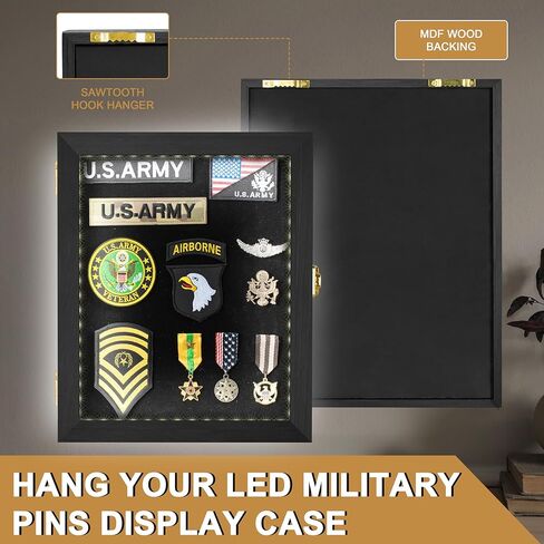 حافظة عرض دبوس LED مقاس 11x14 بوصة، حامل إطار خشبي لمجموعة الميداليات العسكرية مع زجاج أكريليك للحماية من الأشعة فوق البنفسجية بنسبة 98%، دبابيس تثبيت على الحائط، علامات الشاطئ، صندوق ظلال شرائط الشارة لديكور المنزل in Kuwait