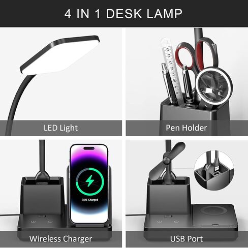 Desk Lamp with Wireless Charger USB Charging Port, Eye-Caring Desk Lamp for Home Office with Pen Holder, Dimmable Table Lamps 3 Color Modes in Saudi Arabia