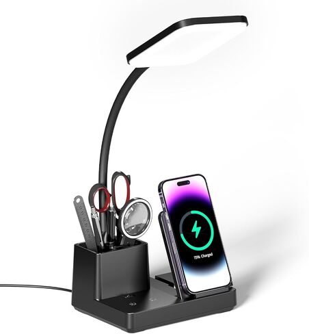 Desk Lamp with Wireless Charger USB Charging Port, Eye-Caring Desk Lamp for Home Office with Pen Holder, Dimmable Table Lamps 3 Color Modes in Saudi Arabia