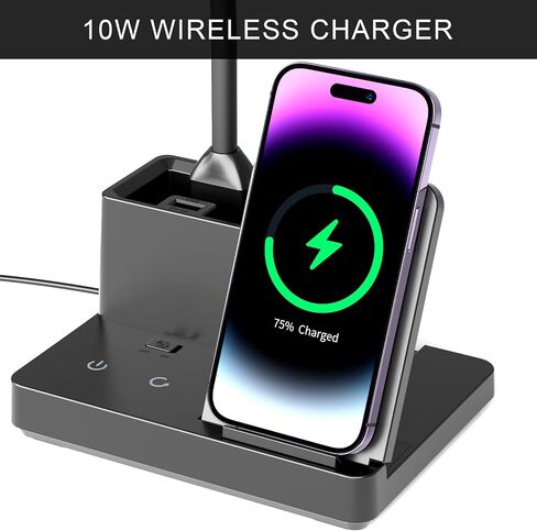 Desk Lamp with Wireless Charger USB Charging Port, Eye-Caring Desk Lamp for Home Office with Pen Holder, Dimmable Table Lamps 3 Color Modes in Saudi Arabia