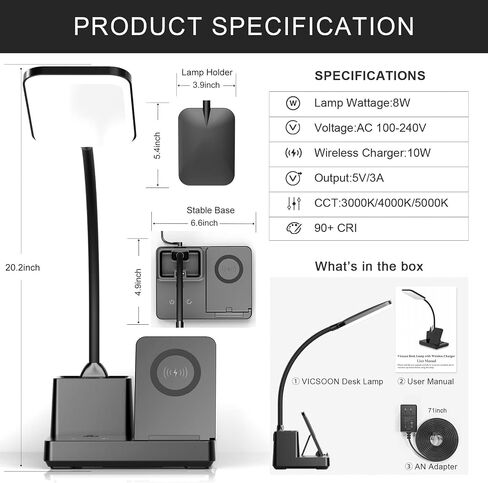 Desk Lamp with Wireless Charger USB Charging Port, Eye-Caring Desk Lamp for Home Office with Pen Holder, Dimmable Table Lamps 3 Color Modes in Saudi Arabia