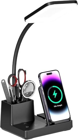 Desk Lamp with Wireless Charger USB Charging Port, Eye-Caring Desk Lamp for Home Office with Pen Holder, Dimmable Table Lamps 3 Color Modes in Saudi Arabia