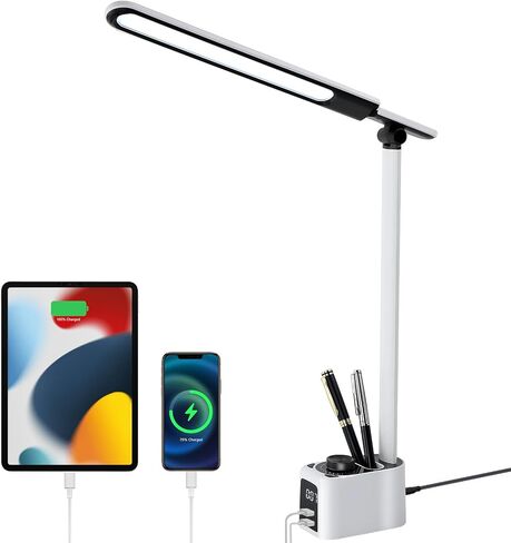 مصباح مكتبي للمكتب المنزلي - إضاءة LED مع محطة شحن A+C منفذ USB 11 مستوى سطوع 5 أوضاع إضاءة مصباح طاولة قراءة قابل للطي وقابل للطي لمنضدة غرفة النوم في الكلية باللون الأبيض in Saudi Arabia