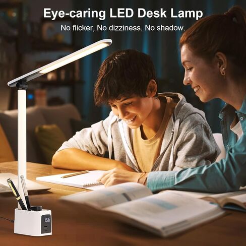 مصباح مكتبي للمكتب المنزلي - إضاءة LED مع محطة شحن A+C منفذ USB 11 مستوى سطوع 5 أوضاع إضاءة مصباح طاولة قراءة قابل للطي وقابل للطي لمنضدة غرفة النوم في الكلية باللون الأبيض in Saudi Arabia