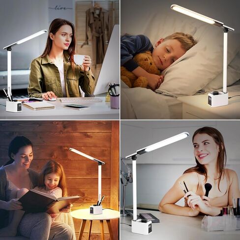 مصباح مكتبي للمكتب المنزلي - إضاءة LED مع محطة شحن A+C منفذ USB 11 مستوى سطوع 5 أوضاع إضاءة مصباح طاولة قراءة قابل للطي وقابل للطي لمنضدة غرفة النوم في الكلية باللون الأبيض in Saudi Arabia