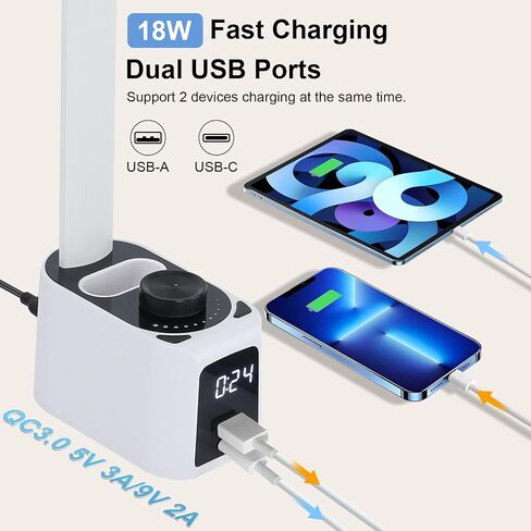 مصباح مكتبي للمكتب المنزلي - إضاءة LED مع محطة شحن A+C منفذ USB 11 مستوى سطوع 5 أوضاع إضاءة مصباح طاولة قراءة قابل للطي وقابل للطي لمنضدة غرفة النوم في الكلية باللون الأبيض in Saudi Arabia