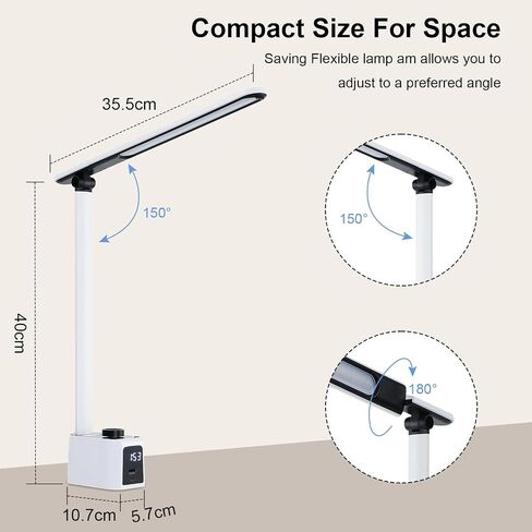 مصباح مكتبي للمكتب المنزلي - إضاءة LED مع محطة شحن A+C منفذ USB 11 مستوى سطوع 5 أوضاع إضاءة مصباح طاولة قراءة قابل للطي وقابل للطي لمنضدة غرفة النوم في الكلية باللون الأبيض in Saudi Arabia