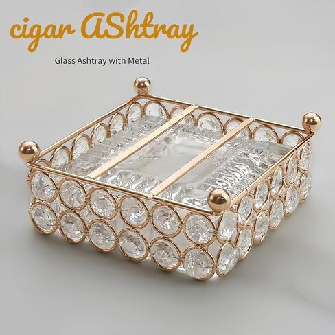 منفضة سجائر سيجار زجاجية معدنية من XB'ANG للسجائر في الهواء الطلق قابلة للفصل 2 في 1 منفضة سجائر كريستال مربعة للأعشاب/ديكور المنزل/الخارج/داخلي/خارجي/فناء ذهبي (4.72 × 4.72 بوصة) in Kuwait