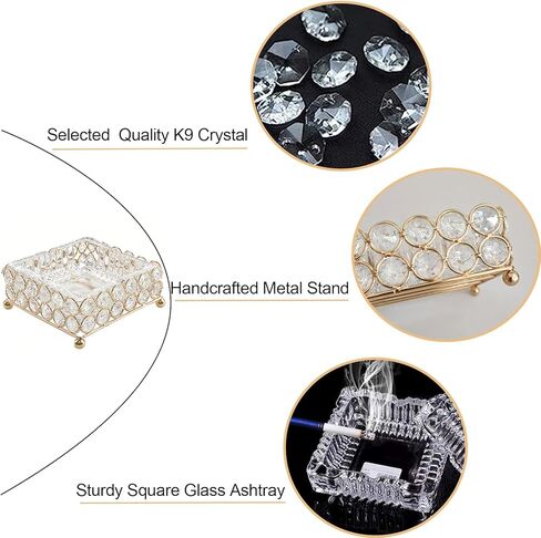 منفضة سجائر سيجار زجاجية معدنية من XB'ANG للسجائر في الهواء الطلق قابلة للفصل 2 في 1 منفضة سجائر كريستال مربعة للأعشاب/ديكور المنزل/الخارج/داخلي/خارجي/فناء ذهبي (4.72 × 4.72 بوصة) in Kuwait