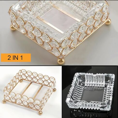 منفضة سجائر سيجار زجاجية معدنية من XB'ANG للسجائر في الهواء الطلق قابلة للفصل 2 في 1 منفضة سجائر كريستال مربعة للأعشاب/ديكور المنزل/الخارج/داخلي/خارجي/فناء ذهبي (4.72 × 4.72 بوصة) in Kuwait