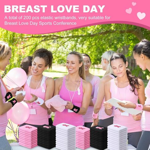 200 Pcs Pink Ribbon Wrist Bands Bulk Breast Cancer Awareness Wrist Sweatbands Football Wristbands Gymnastics Sports Wristbands Cotton Arm Bands for Breast Cancer Gifts in Saudi Arabia