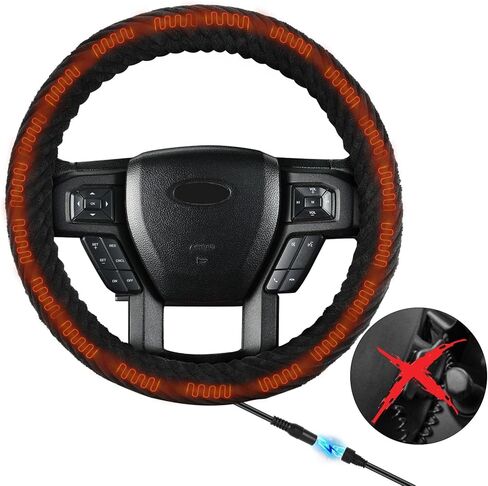 غطاء عجلة القيادة مُدفأ، قابس سيارة 12 فولت، مناسب بشكل عام 14.5-15.5 بوصة، غطاء حماية أسود لعجلة القيادة التلقائية in Kuwait