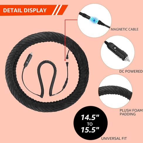 غطاء عجلة القيادة مُدفأ، قابس سيارة 12 فولت، مناسب بشكل عام 14.5-15.5 بوصة، غطاء حماية أسود لعجلة القيادة التلقائية in Kuwait