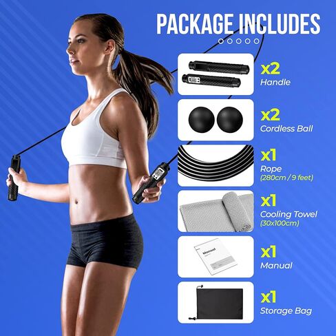 Jump Rope, Speed Digital Skipping Rope with Calorie Counter for Women Men Kids with Speed Cordless Ball, Ice Towel, Soft Breathable Fast Drying Microfiber Towel Super Absorbent in Kuwait