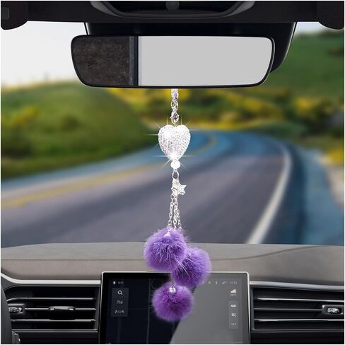 Bling Car Hanging Ornament, Cute Love Heart and Pink Plush Ball Rear View Mirror Pendant for Women Girls, Crystal Auto Rearview Mirror Charm Decor Accessories for All Vehicles (Black) in Saudi Arabia