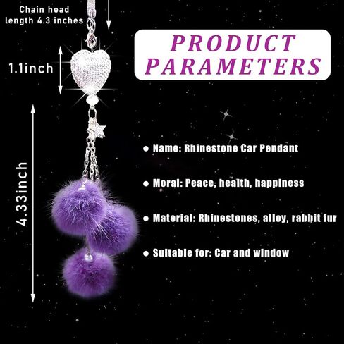 Bling Car Hanging Ornament, Cute Love Heart and Pink Plush Ball Rear View Mirror Pendant for Women Girls, Crystal Auto Rearview Mirror Charm Decor Accessories for All Vehicles (Black) in Saudi Arabia