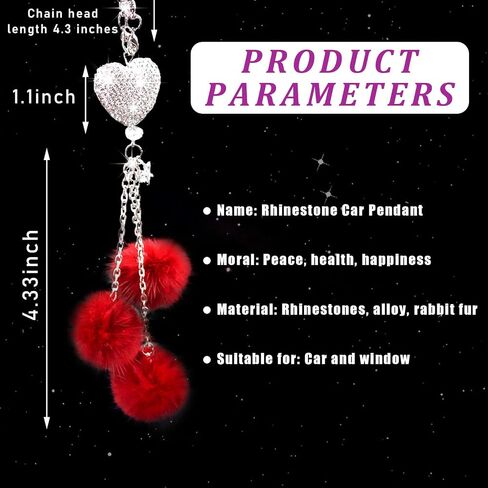 Bling Car Hanging Ornament, Cute Love Heart and Pink Plush Ball Rear View Mirror Pendant for Women Girls, Crystal Auto Rearview Mirror Charm Decor Accessories for All Vehicles (Black) in Saudi Arabia