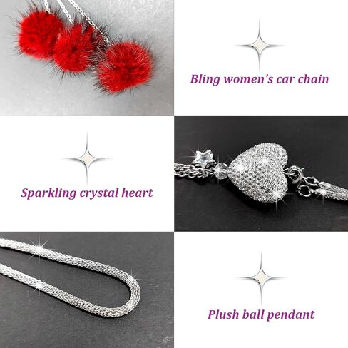 Bling Car Hanging Ornament, Cute Love Heart and Pink Plush Ball Rear View Mirror Pendant for Women Girls, Crystal Auto Rearview Mirror Charm Decor Accessories for All Vehicles (Black) in Saudi Arabia