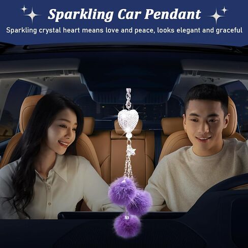 Bling Car Hanging Ornament, Cute Love Heart and Pink Plush Ball Rear View Mirror Pendant for Women Girls, Crystal Auto Rearview Mirror Charm Decor Accessories for All Vehicles (Black) in Saudi Arabia