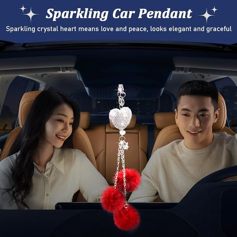 Bling Car Hanging Ornament, Cute Love Heart and Pink Plush Ball Rear View Mirror Pendant for Women Girls, Crystal Auto Rearview Mirror Charm Decor Accessories for All Vehicles (Black) in Saudi Arabia