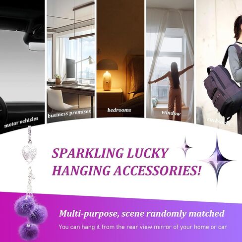 Bling Car Hanging Ornament, Cute Love Heart and Pink Plush Ball Rear View Mirror Pendant for Women Girls, Crystal Auto Rearview Mirror Charm Decor Accessories for All Vehicles (Black) in Saudi Arabia