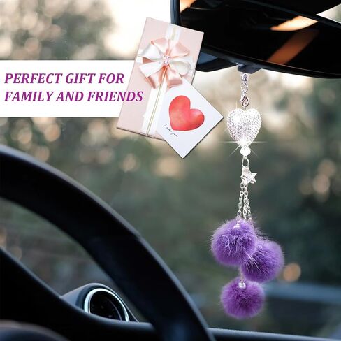 Bling Car Hanging Ornament, Cute Love Heart and Pink Plush Ball Rear View Mirror Pendant for Women Girls, Crystal Auto Rearview Mirror Charm Decor Accessories for All Vehicles (Black) in Saudi Arabia