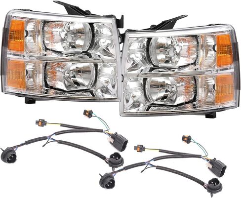 مجموعة المصابيح الأمامية لـ 2007-2013 Chevy Silverado 1500، 07-14 2500HD 3500HD كشافات أمامية مع حزام أسلاك المصباح الأمامي، كروم كهرماني in Saudi Arabia