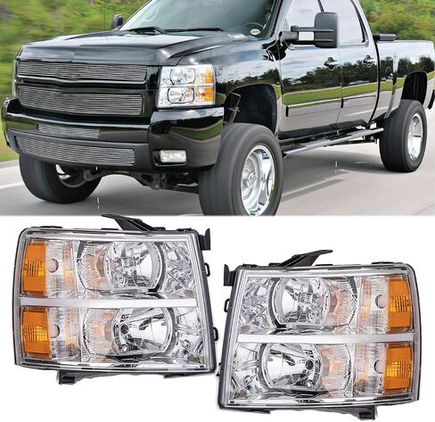 مجموعة المصابيح الأمامية لـ 2007-2013 Chevy Silverado 1500، 07-14 2500HD 3500HD كشافات أمامية مع حزام أسلاك المصباح الأمامي، كروم كهرماني in Saudi Arabia