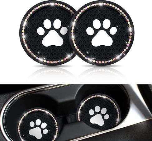 QODOLSI 2 PCS Bling Car Cup Holder Coasters, 2.75 inch Silicone Anti Slip Cute Dog Paw Car Coaster, Universal Rhinestone Car Interior Accessories (Black & Multicolour) in Saudi Arabia
