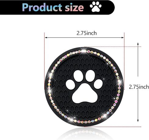 QODOLSI 2 PCS Bling Car Cup Holder Coasters, 2.75 inch Silicone Anti Slip Cute Dog Paw Car Coaster, Universal Rhinestone Car Interior Accessories (Black & Multicolour) in Saudi Arabia