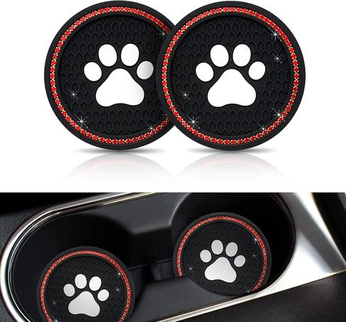 QODOLSI 2 PCS Bling Car Cup Holder Coasters, 2.75 inch Silicone Anti Slip Cute Dog Paw Car Coaster, Universal Rhinestone Car Interior Accessories (Black & Multicolour) in Saudi Arabia
