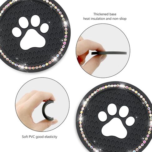 QODOLSI 2 PCS Bling Car Cup Holder Coasters, 2.75 inch Silicone Anti Slip Cute Dog Paw Car Coaster, Universal Rhinestone Car Interior Accessories (Black & Multicolour) in Saudi Arabia