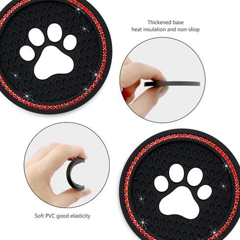 QODOLSI 2 PCS Bling Car Cup Holder Coasters, 2.75 inch Silicone Anti Slip Cute Dog Paw Car Coaster, Universal Rhinestone Car Interior Accessories (Black & Multicolour) in Saudi Arabia