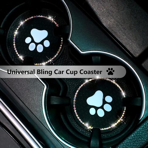 QODOLSI 2 PCS Bling Car Cup Holder Coasters, 2.75 inch Silicone Anti Slip Cute Dog Paw Car Coaster, Universal Rhinestone Car Interior Accessories (Black & Multicolour) in Saudi Arabia
