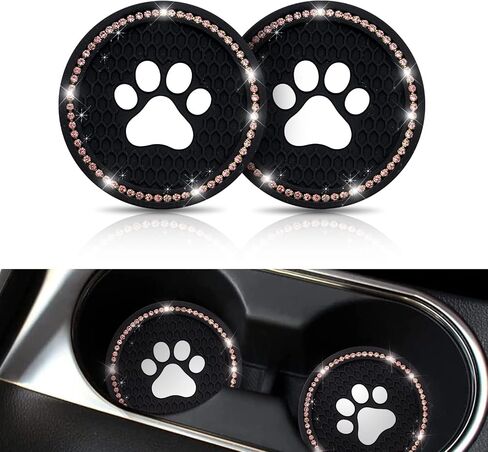 QODOLSI 2 PCS Bling Car Cup Holder Coasters, 2.75 inch Silicone Anti Slip Cute Dog Paw Car Coaster, Universal Rhinestone Car Interior Accessories (Black & Multicolour) in Saudi Arabia